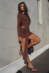 EVELYN SLEEVED CUT-OUT MINI DRESS - BITTER CHOCOLATE