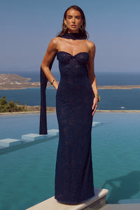 AMANA STRAPLESS SCARF MAXI DRESS - NAVY