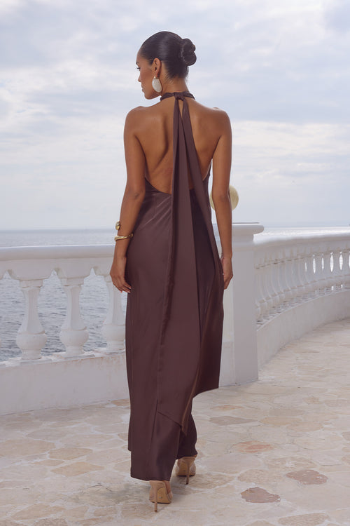 ARABELLE HIGH NECK MAXI DRESS - BITTER CHOCOLATE