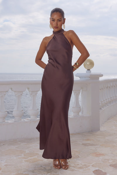 ARABELLE HIGH NECK MAXI DRESS - BITTER CHOCOLATE