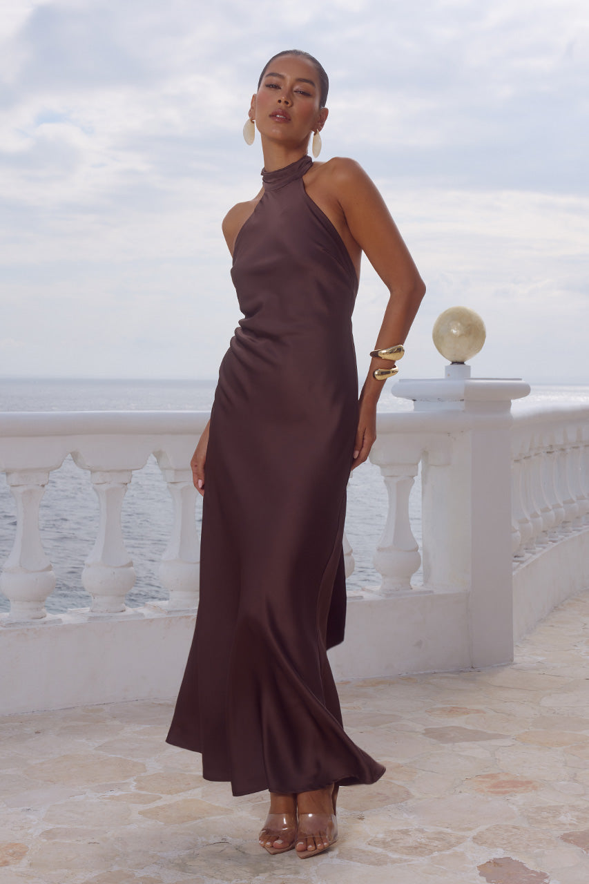 ARABELLE HIGH NECK MAXI DRESS - BITTER CHOCOLATE