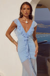 BLYTHE V-NECK FRILL MAXI DRESS - BLUEBELL