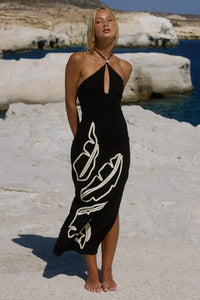 BRONTIE KEYHOLE HALTER MIDI DRESS - BLACK