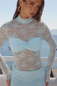 LARNA LACE SLEEVED MINI DRESS - ICE BLUE