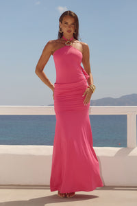 ALOLA HALTER RUCHED MAXI DRESS - HOT PINK