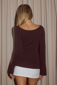 CRUISA LONG SLEEVE SCARF TOP - BITTER CHOCOLATE