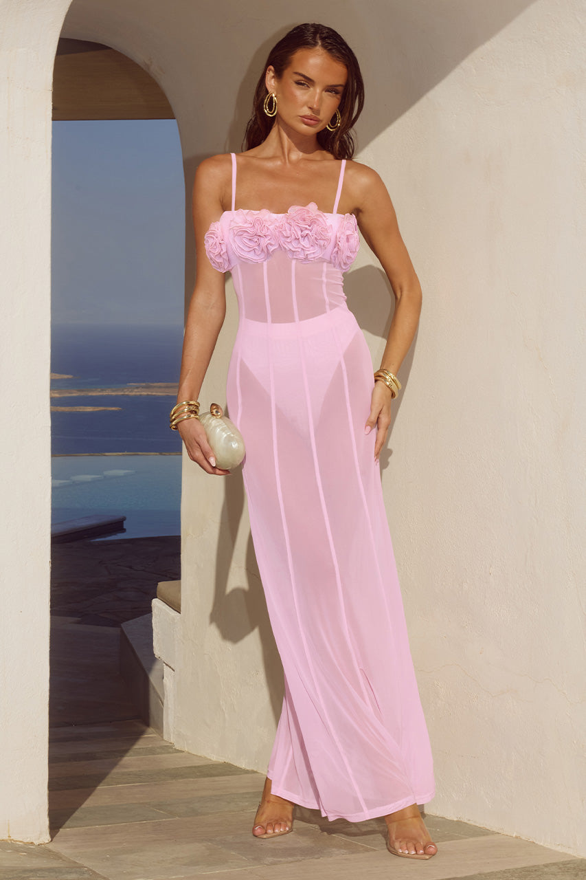 DEMI SHEER FLOWER TRIM MAXI DRESS - MUSK