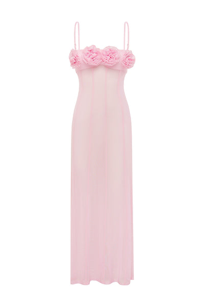 DEMI SHEER FLOWER TRIM MAXI DRESS - MUSK