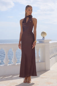ESTELLE COWL HALTER MAXI DRESS - BITTER CHOCOLATE