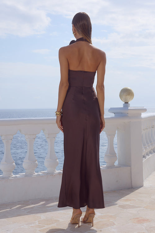ESTELLE COWL HALTER MAXI DRESS - BITTER CHOCOLATE