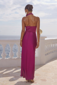 ESTELLE COWL HALTER MAXI DRESS - PLUM