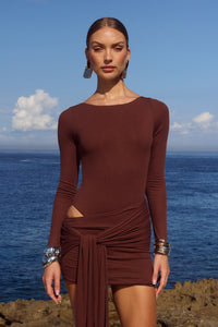 EVELYN SLEEVED CUT-OUT MINI DRESS - BITTER CHOCOLATE