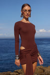 EVELYN SLEEVED CUT-OUT MINI DRESS - BITTER CHOCOLATE