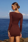 EVELYN SLEEVED CUT-OUT MINI DRESS - BITTER CHOCOLATE
