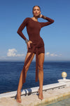 EVELYN SLEEVED CUT-OUT MINI DRESS - BITTER CHOCOLATE