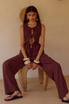 FLEUR SHIRRED TIE FRONT TOP - CHOCOLATE