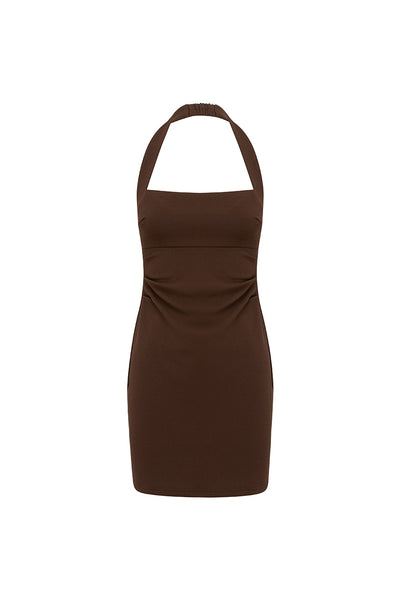 FRANCA HALTER MINI DRESS - BITTER CHOCOLATE