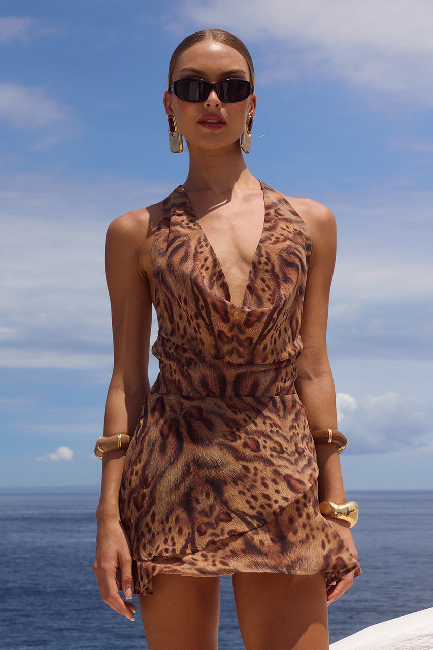 IMALI HALTER COWL MINI DRESS - MENDEZ BROWN