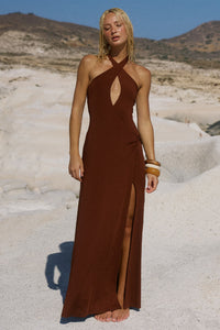 KAMILLA KEYHOLE TWIST MAXI DRESS - CHOCOLATE