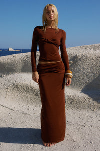 KAMILLA TWIST LONG SLEEVE TOP - CHOCOLATE