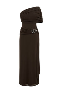 KASSI ONE SHOULDER MIDI DRESS - BITTER CHOCOLATE