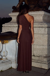 KASSI ONE SHOULDER MIDI DRESS - BITTER CHOCOLATE