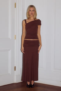 LARSEN RUCHED WAIST MIDI SKIRT - ESPRESSO