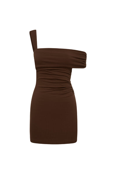 LARSEN ONE SHOULDER MINI DRESS - ESPRESSO