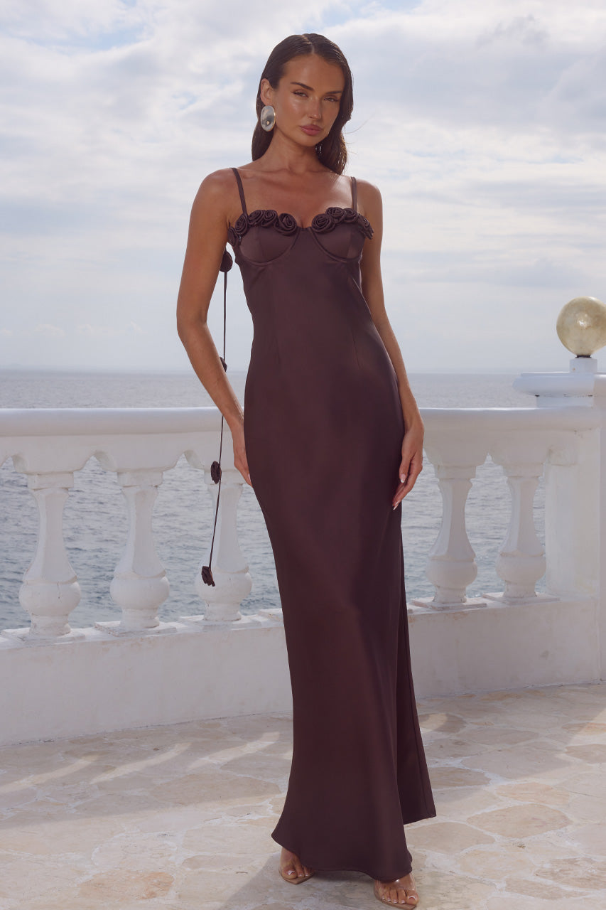 LAVENA FLORAL DETAIL MAXI DRESS - BITTER CHOCOLATE