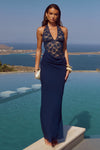 LINA HALTER DRAPED MAXI DRESS - NAVY