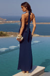 LINA HALTER DRAPED MAXI DRESS - NAVY
