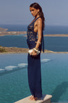 LINA HALTER DRAPED MAXI DRESS - NAVY