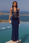 LINA HALTER DRAPED MAXI DRESS - NAVY