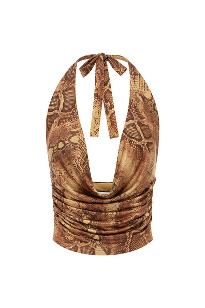 LOTUS COWL HALTER TOP - TAN VIPER