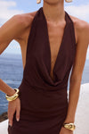 LOTUS HALTER COWL MAXI DRESS - BITTER CHOCOLATE