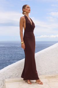 LOTUS HALTER COWL MAXI DRESS - BITTER CHOCOLATE