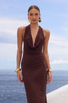 LOTUS HALTER COWL MAXI DRESS - BITTER CHOCOLATE