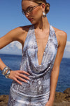 LOTUS HALTER COWL MAXI DRESS - STEEL VIPER