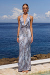LOTUS HALTER COWL MAXI DRESS - STEEL VIPER
