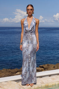 LOTUS HALTER COWL MAXI DRESS - STEEL VIPER