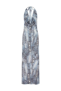 LOTUS HALTER COWL MAXI DRESS - STEEL VIPER