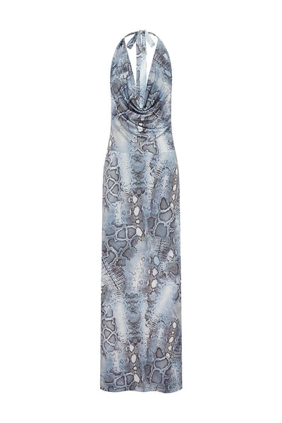 LOTUS HALTER COWL MAXI DRESS - STEEL VIPER