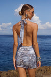 LOTUS HALTER COWL MINI DRESS - STEEL VIPER