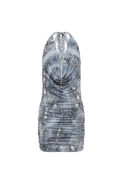LOTUS HALTER COWL MINI DRESS - STEEL VIPER