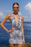 LOTUS HALTER COWL MINI DRESS - STEEL VIPER