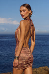 LOTUS HALTER COWL MINI DRESS - TAN VIPER