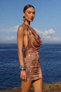 LOTUS HALTER COWL MINI DRESS - TAN VIPER