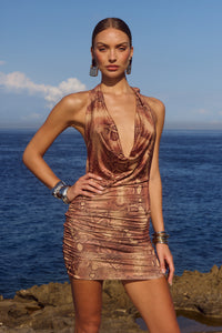 LOTUS HALTER COWL MINI DRESS - TAN VIPER