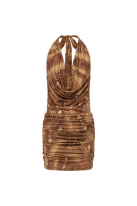LOTUS HALTER COWL MINI DRESS - TAN VIPER