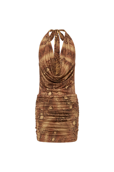 LOTUS HALTER COWL MINI DRESS - TAN VIPER